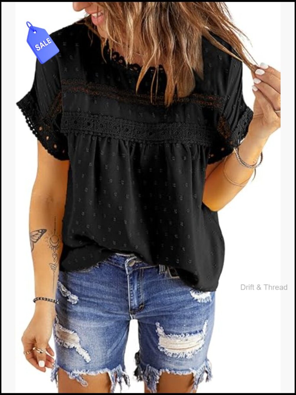Crochet Lace Crewneck Short Sleeve Blouse Lightweight Chiffon